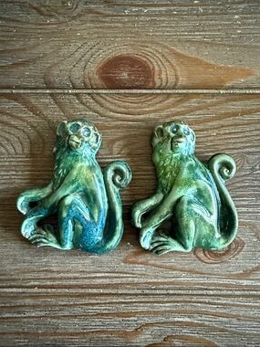 Pair of Vintage Green Glazed Ceramic Monkey Wall Plaques - 3.5” tall